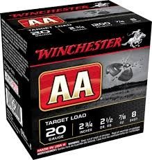 Winchester 20 GA AA 2 3/4" 7/8 oz #8 shot AA208 250 rounds
