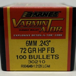 Barnes 6mm (.243 Dia) Reloading Bullets Varmin-A-Tor B30210 72 Grain Flat Base Hollow Point 100 Pieces