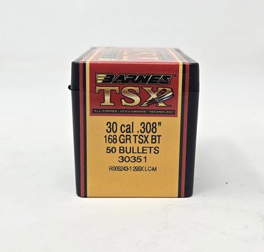 Barnes 30 Cal (.308 Dia) Reloading Bullets Copper TSX B30351 168 Grain Boat Tail Hollow Point 50 Pieces