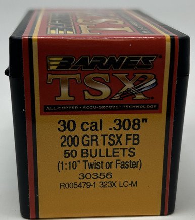 Barnes 30 Cal (.308 Dia) Reloading Bullets Copper TSX B30356 200 Grain Flat Base Hollow Point 50 Pieces