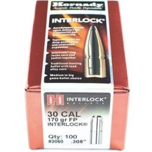 Hornady 30 Cal (.308 Dia) Reloading Bullets Interlock H3060 170 Grain Flat Soft Point 100 Pieces