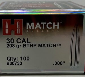 Hornady 30 Cal (.308 Dia) Reloading Bullets Match H30733 208 Grain Boat Tail Hollow Point 100 Pieces