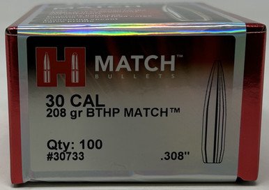 Hornady 30 Cal (.308 Dia) Reloading Bullets Match H30733 208 Grain Boat Tail Hollow Point 100 Pieces