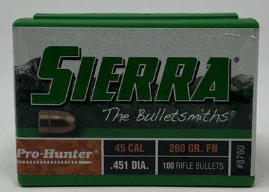 Sierra 45 Cal (.451 Dia) Reloading Bullets Pro Hunter SRAA8760 260 Grain Flat Nose 100 Pieces