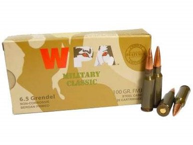 Wolf 6.5 Grendel Ammunition Military Classic WPA65GRENFMJ 100 Grain Full Metal Jacket 20 Rounds