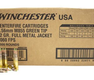 Winchester 5.56x45mm NATO M855 Ammunition WM8551000 62 Grain Full Metal Jacket Green Tip CASE 1000 Rounds